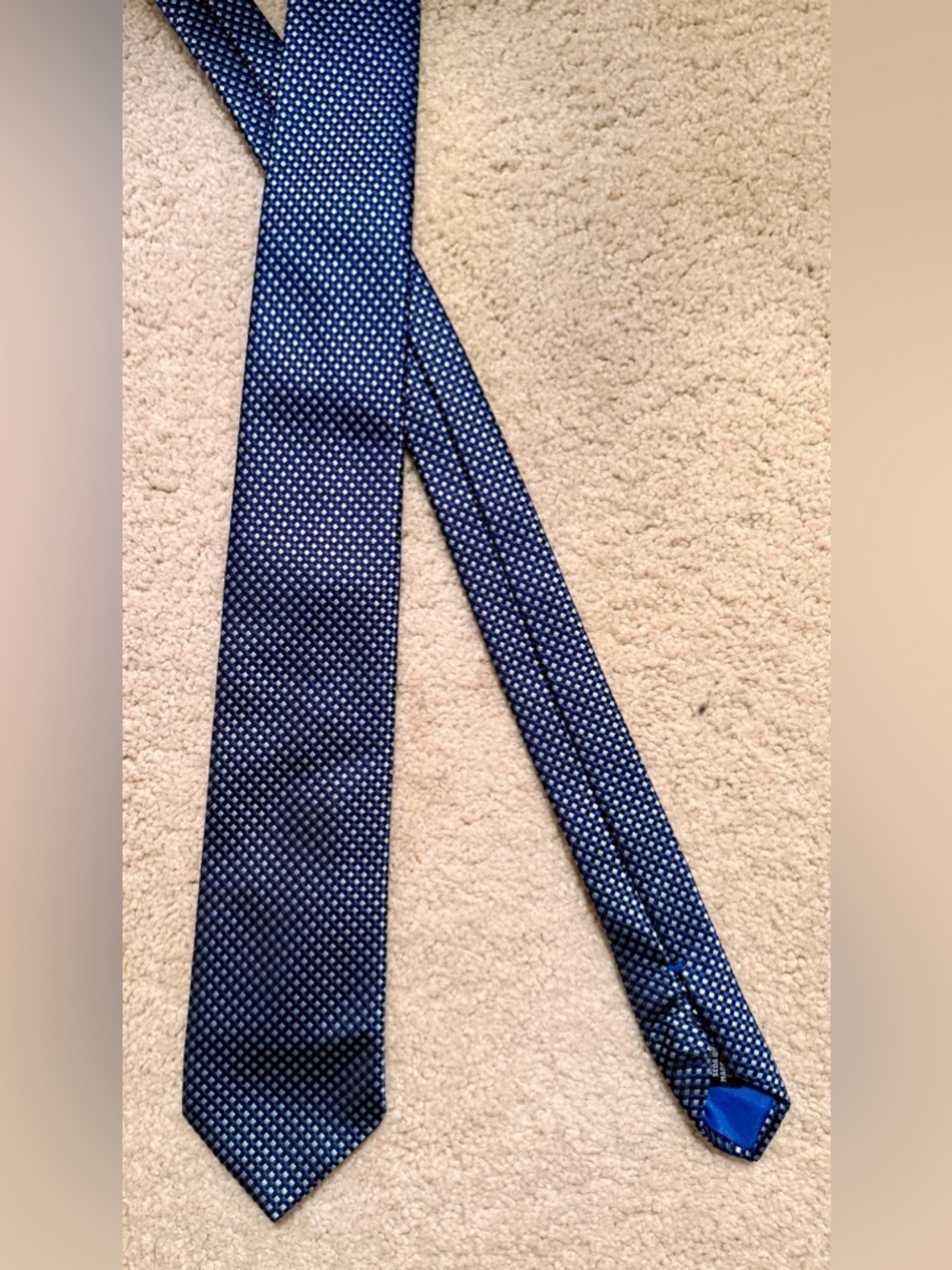 BOSS Italy Blue-Black-White Jacquard-Woven Geometric 100% Silk Men’s Necktie - Picture 2 of 11